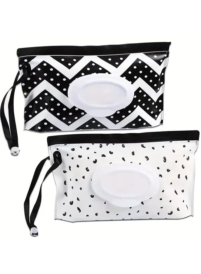 Black White Portable Wet Wipe Pouch 2 Pack Reusable Travel Wipe Dispenser Container - Image 1